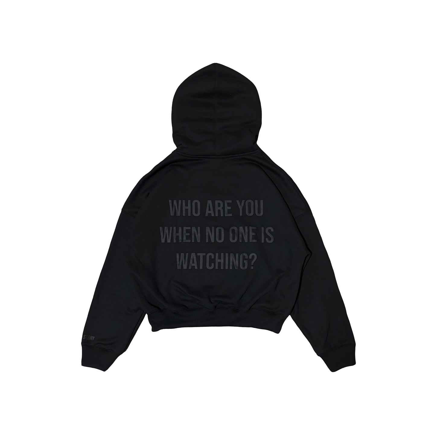 BOXY CROPPED EMBOSSED PRINT HOODIE - BLACK