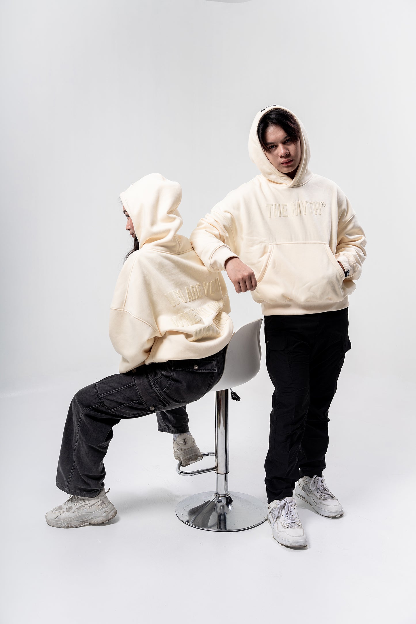 BOXY CROPPED EMBOSSED PRINT HOODIE - CREAM