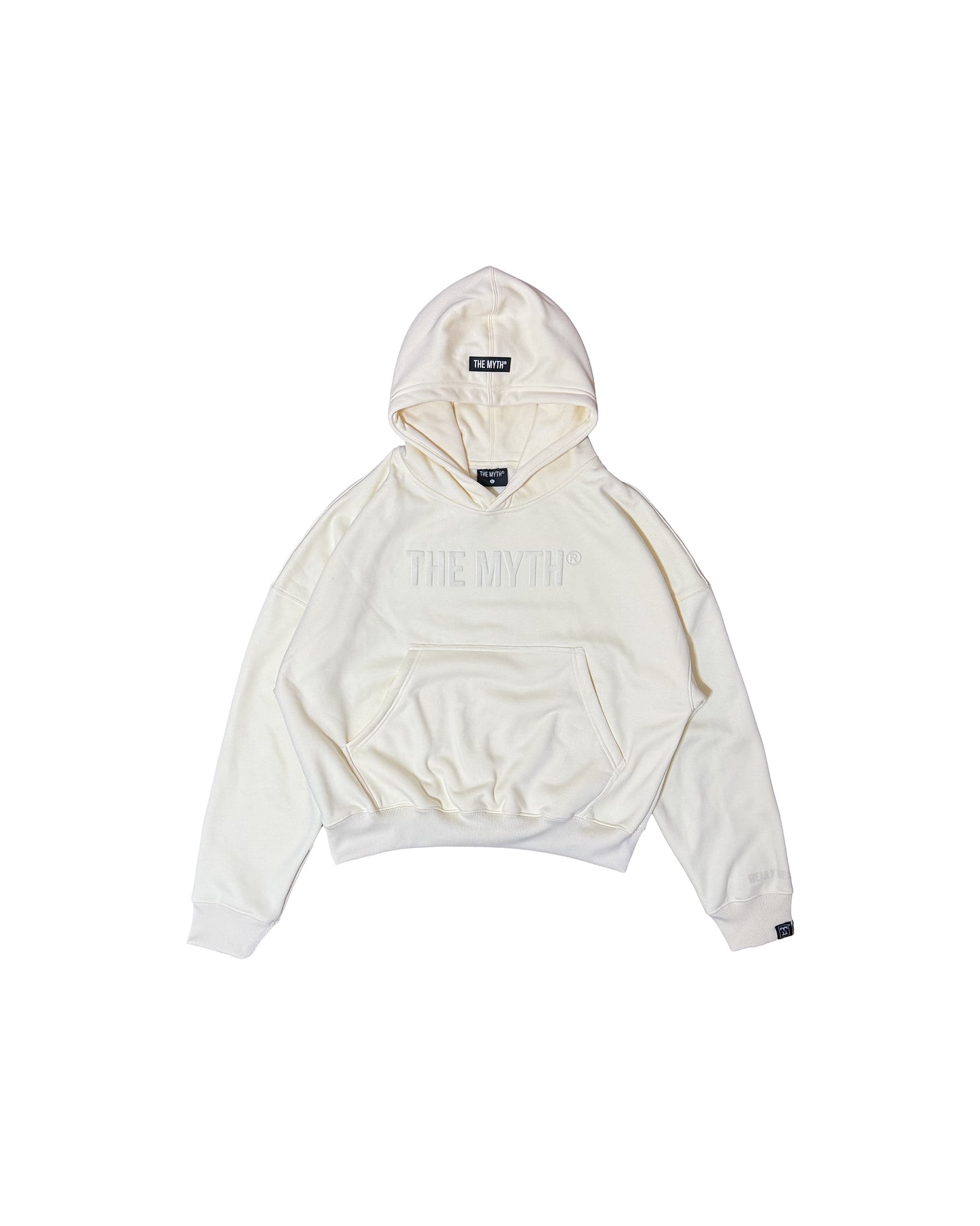 BOXY CROPPED EMBOSSED PRINT HOODIE - CREAM