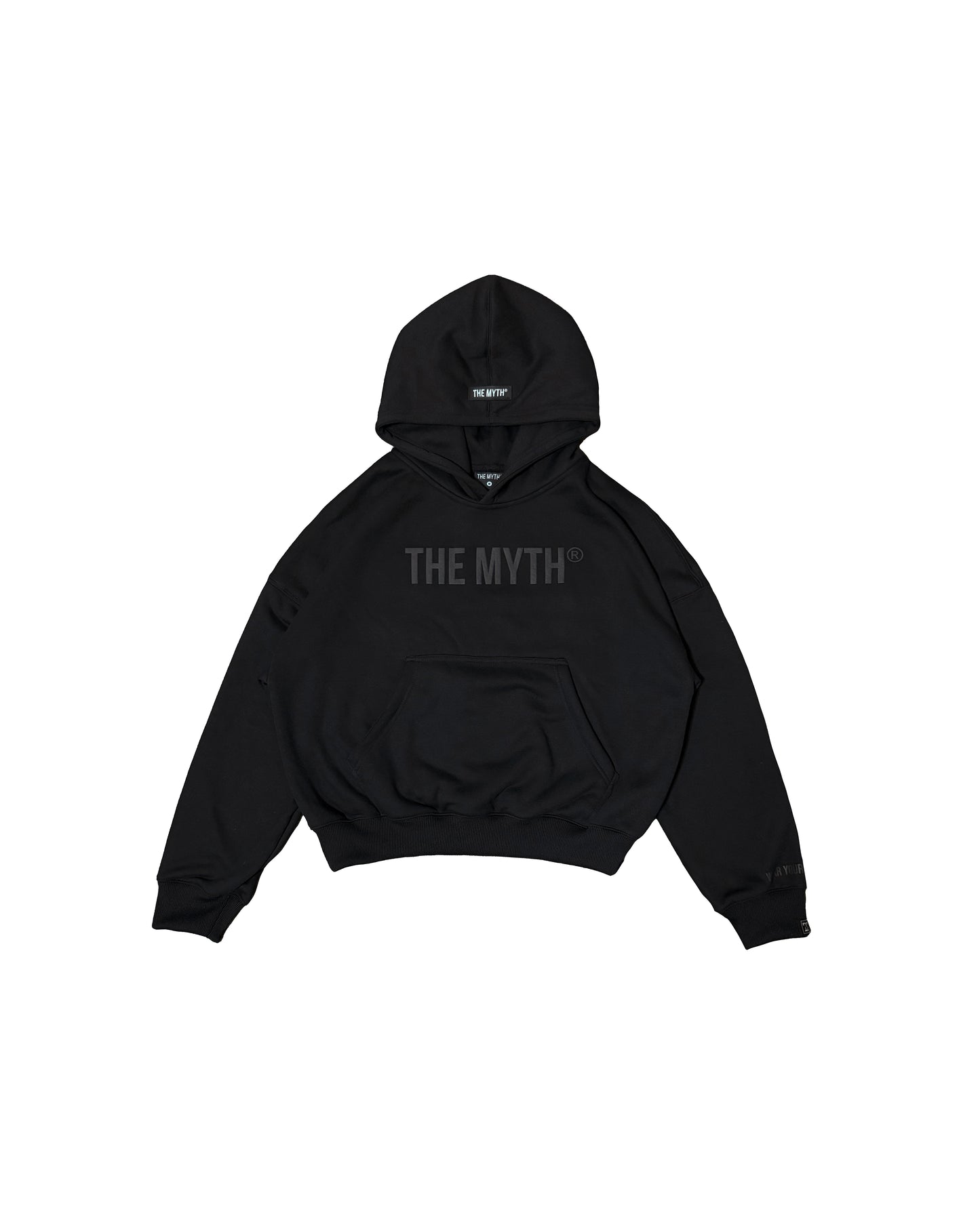 BOXY CROPPED EMBOSSED PRINT HOODIE - BLACK