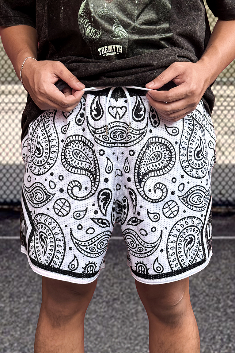 WHITE PAISLEY MESH SHORTS