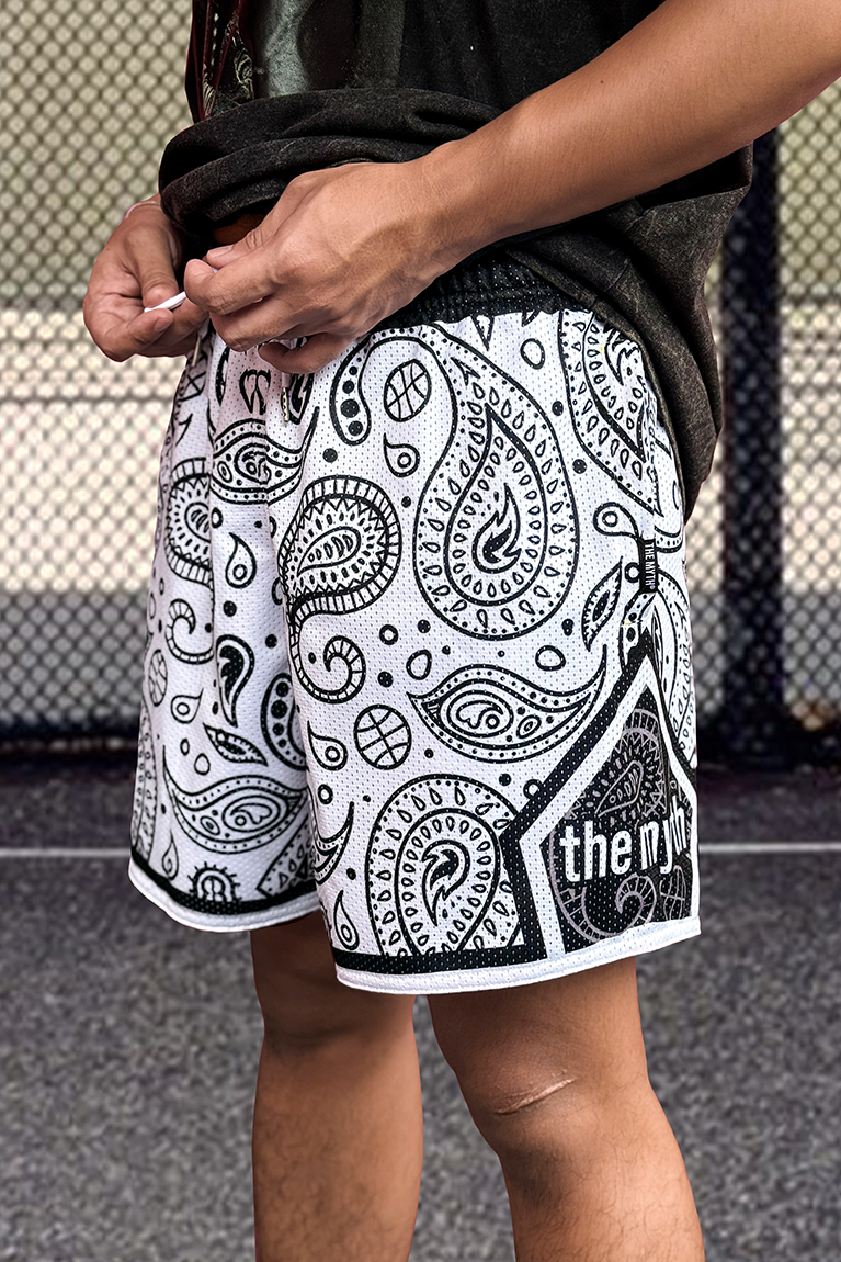 WHITE PAISLEY MESH SHORTS