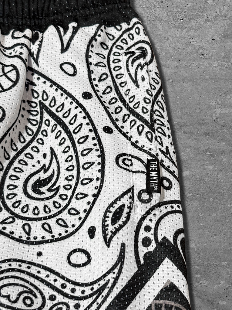 WHITE PAISLEY MESH SHORTS