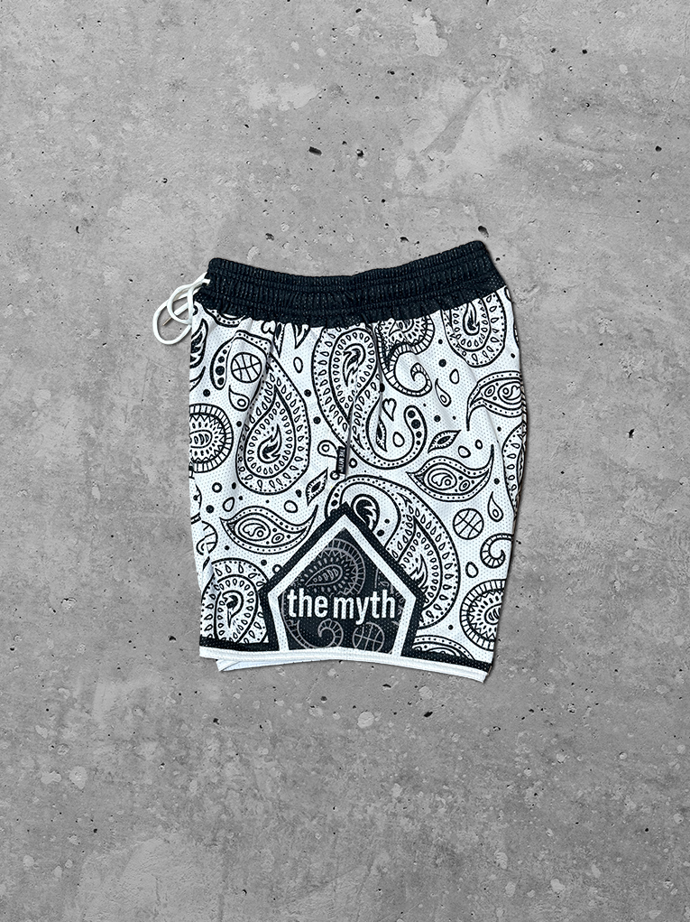 WHITE PAISLEY MESH SHORTS