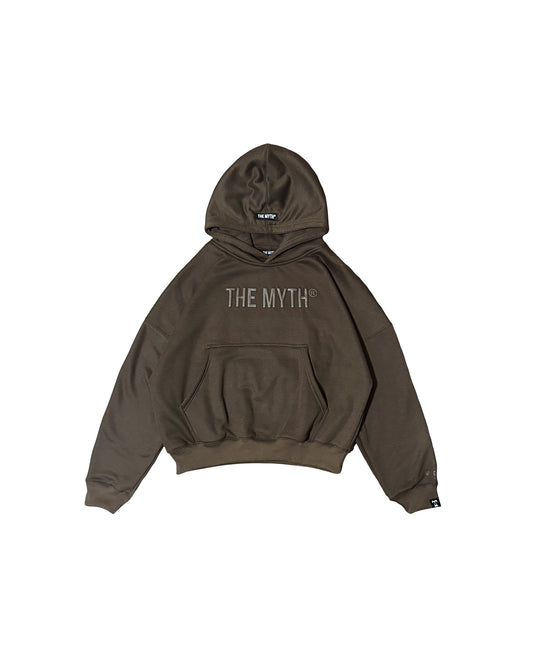 BOXY CROPPED EMBOSSED PRINT HOODIE - CHOCO BROWN