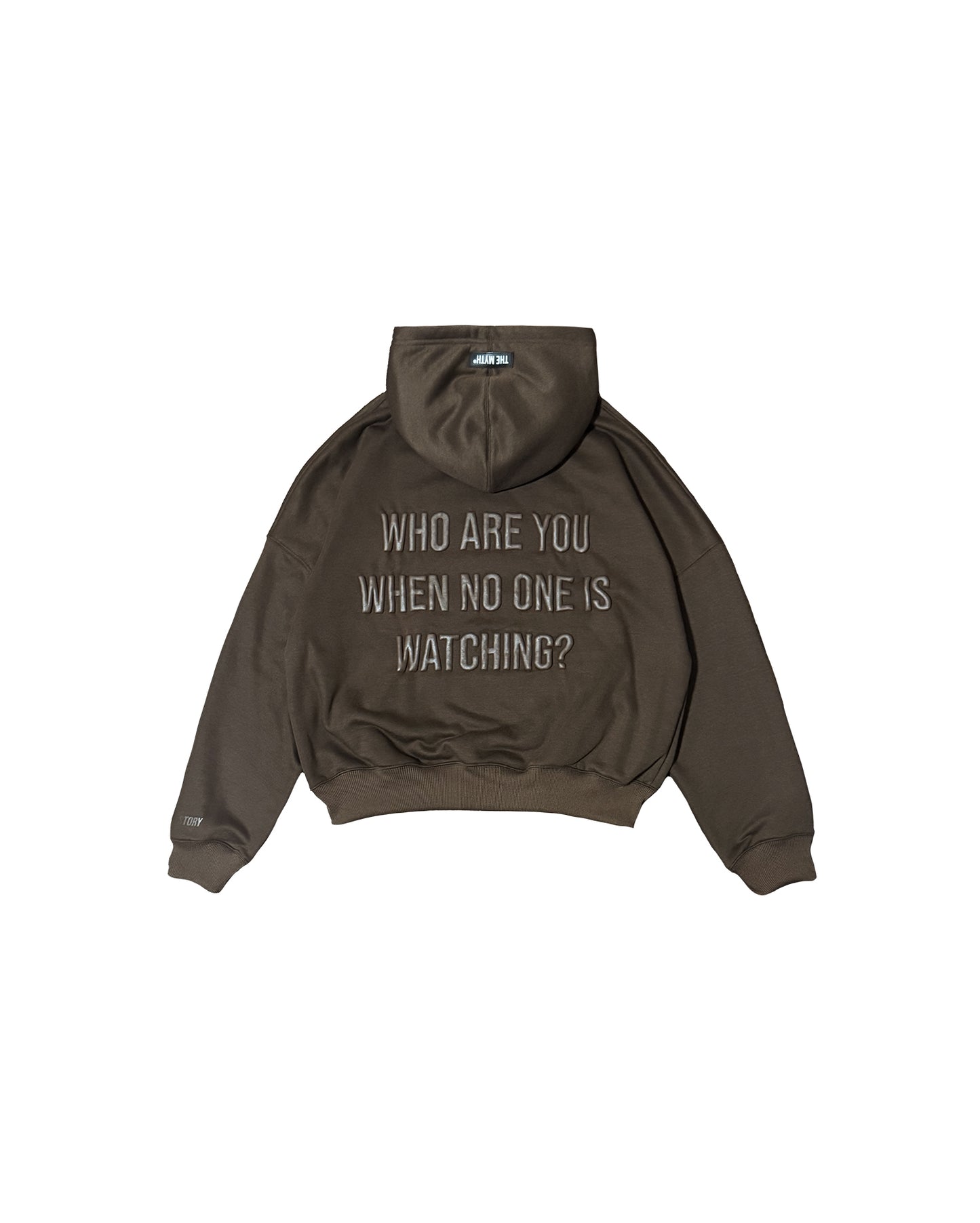 BOXY CROPPED EMBOSSED PRINT HOODIE - CHOCO BROWN