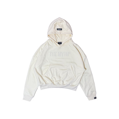 BOXY FIT CROPPED EMBOSSED PRINT HOODIE - CREAM