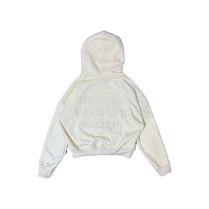 BOXY FIT CROPPED EMBOSSED PRINT HOODIE - CREAM