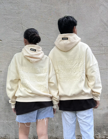 BOXY FIT CROPPED EMBOSSED PRINT HOODIE - CREAM