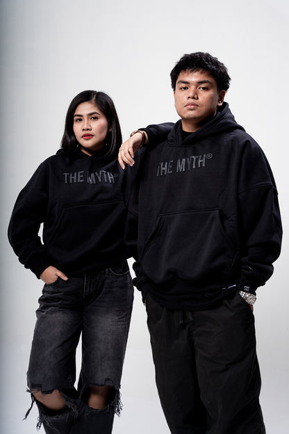 BOXY CROPPED EMBOSSED PRINT HOODIE - BLACK