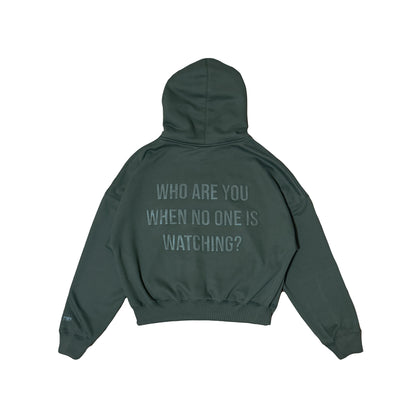 BOXY FIT CROPPED EMBOSSED PRINT HOODIE - MOSS GREEN