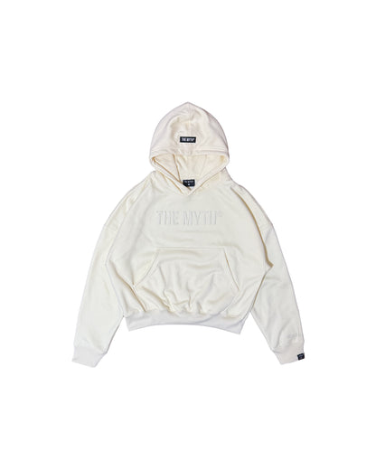 BOXY CROPPED EMBOSSED PRINT HOODIE - CREAM