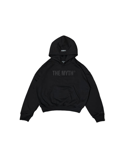 BOXY CROPPED EMBOSSED PRINT HOODIE - BLACK