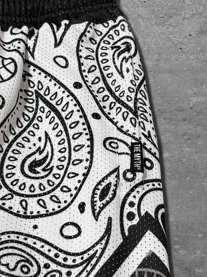 WHITE PAISLEY MESH SHORTS